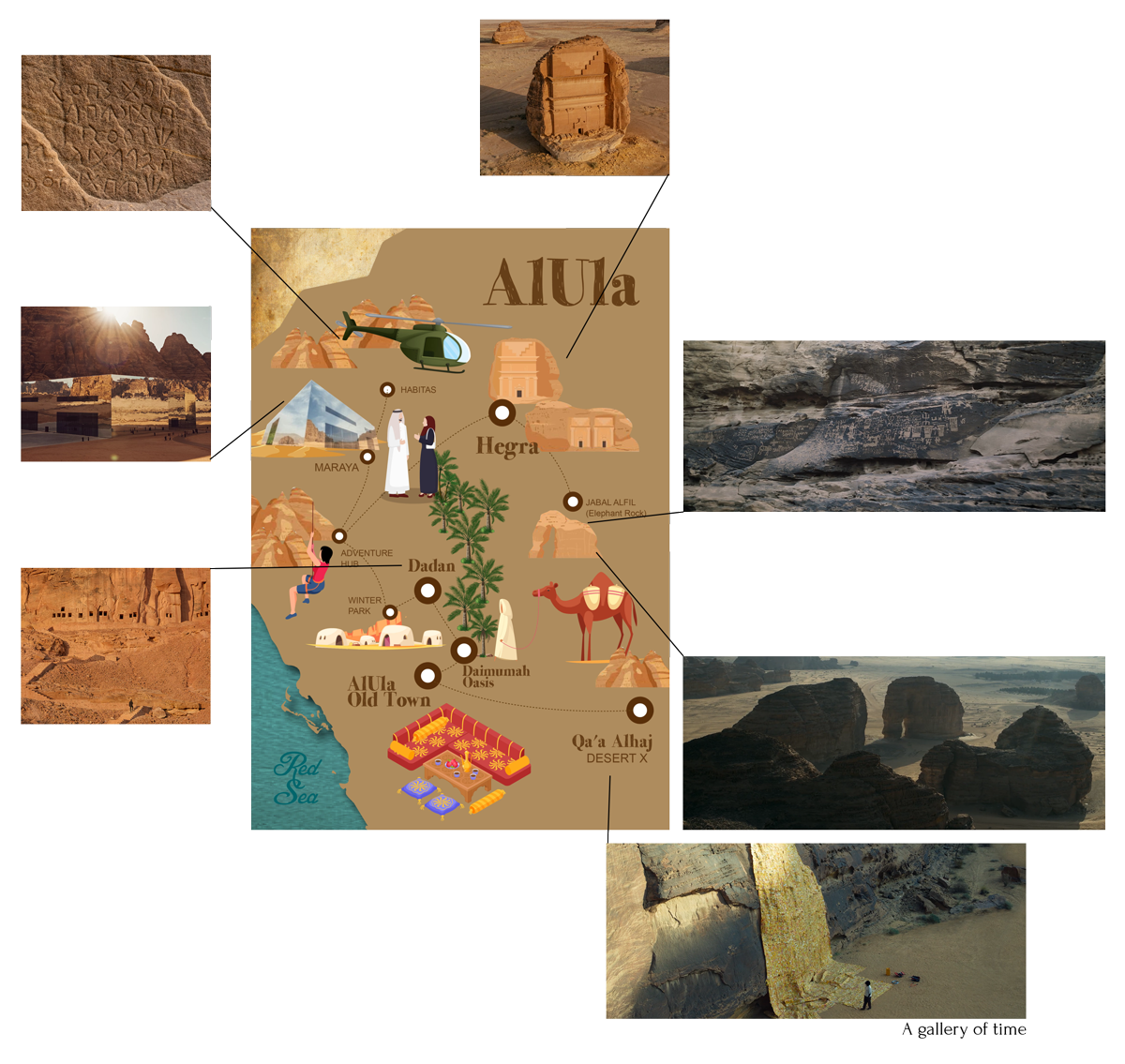 Иллюстрированная карта AlUla — Hegra, Dadan, Old Town, Daimumah, Qaa Alhaj, Wadi AlFann